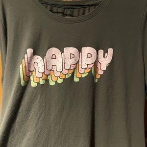 Navy green shirt that says happy